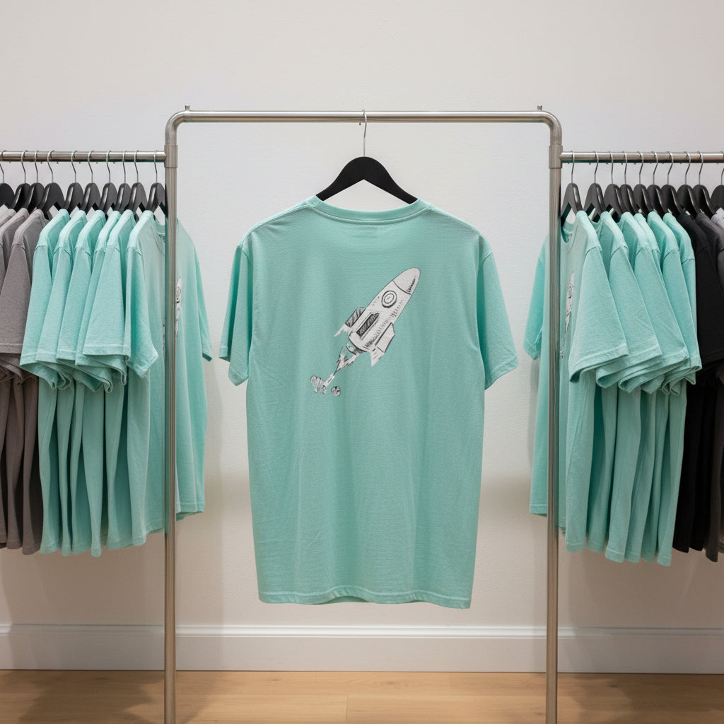 Outer Space Unisex Garment-Dyed T-Shirt with Rocket and Planet Design