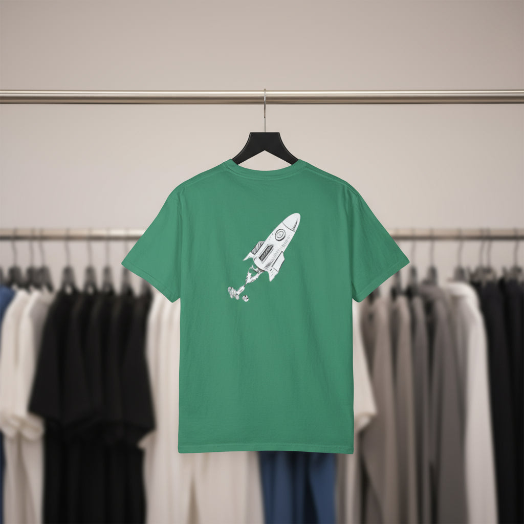 Outer Space Unisex Garment-Dyed T-Shirt with Rocket and Planet Design