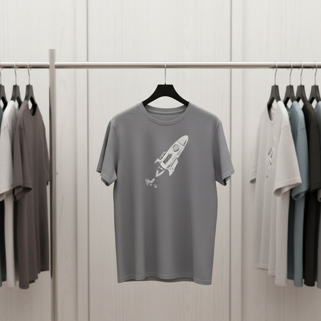Outer Space Unisex Garment-Dyed T-Shirt with Rocket and Planet Design