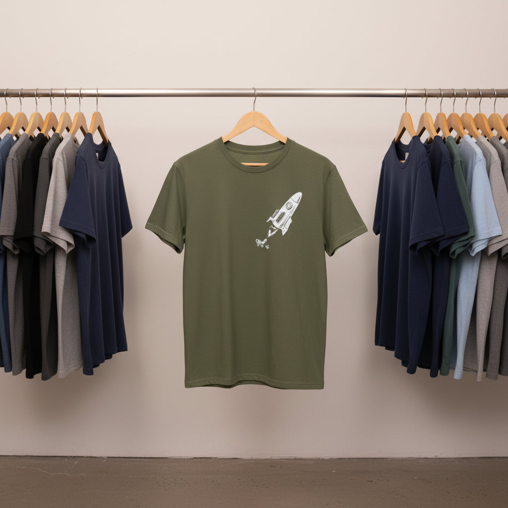 Outer Space Unisex Garment-Dyed T-Shirt with Rocket and Planet Design