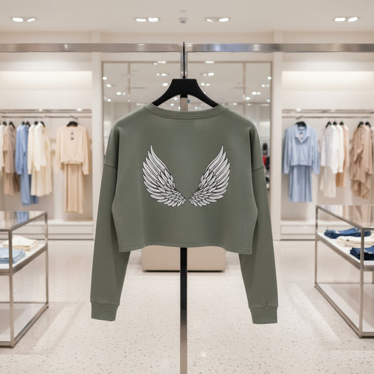 Women's Cropped Sweatshirt with Wing Design - Trendy Casual Apparel